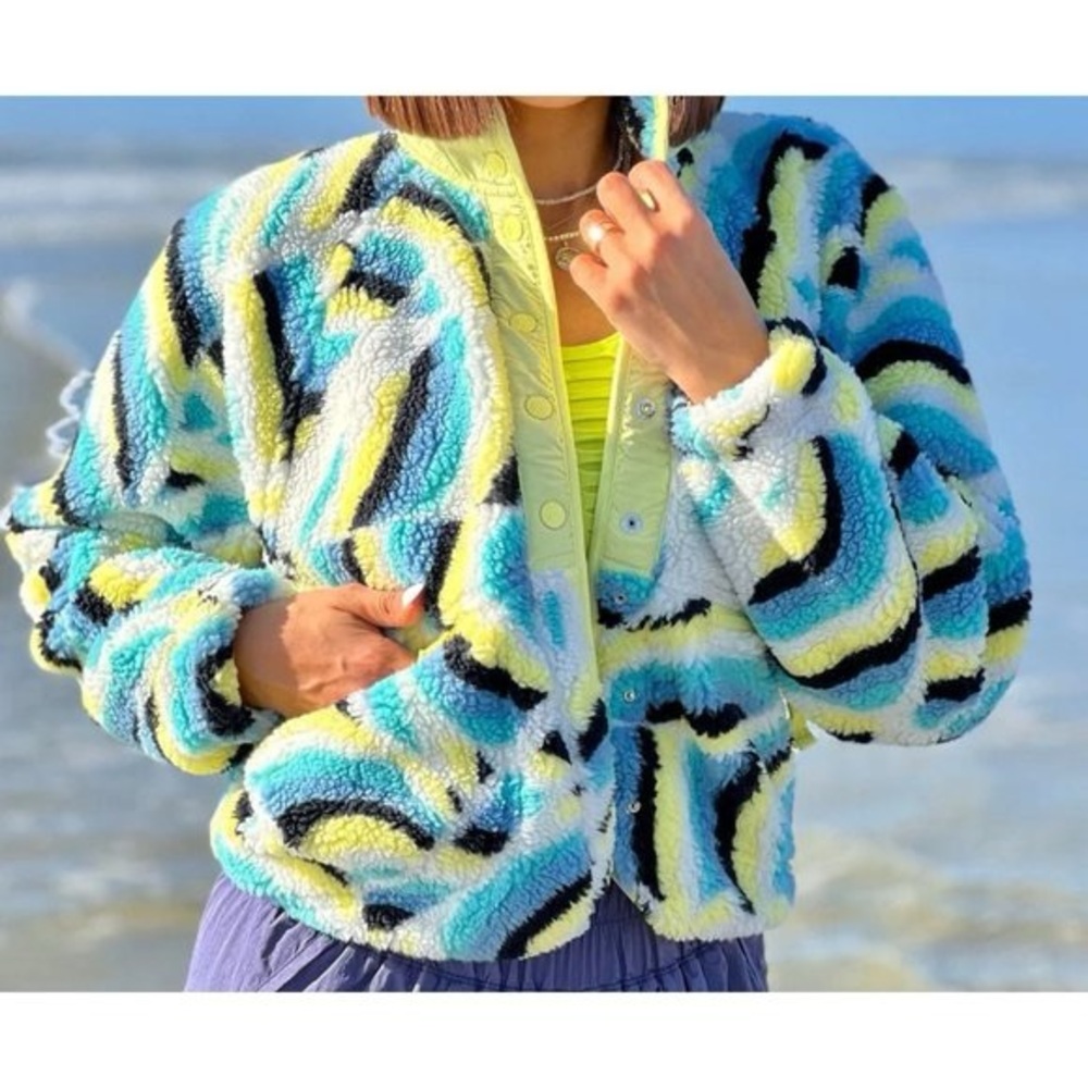 Free People Movement Rocky Ridge Button Fleece Jacket XL Blue Rainbow Combo